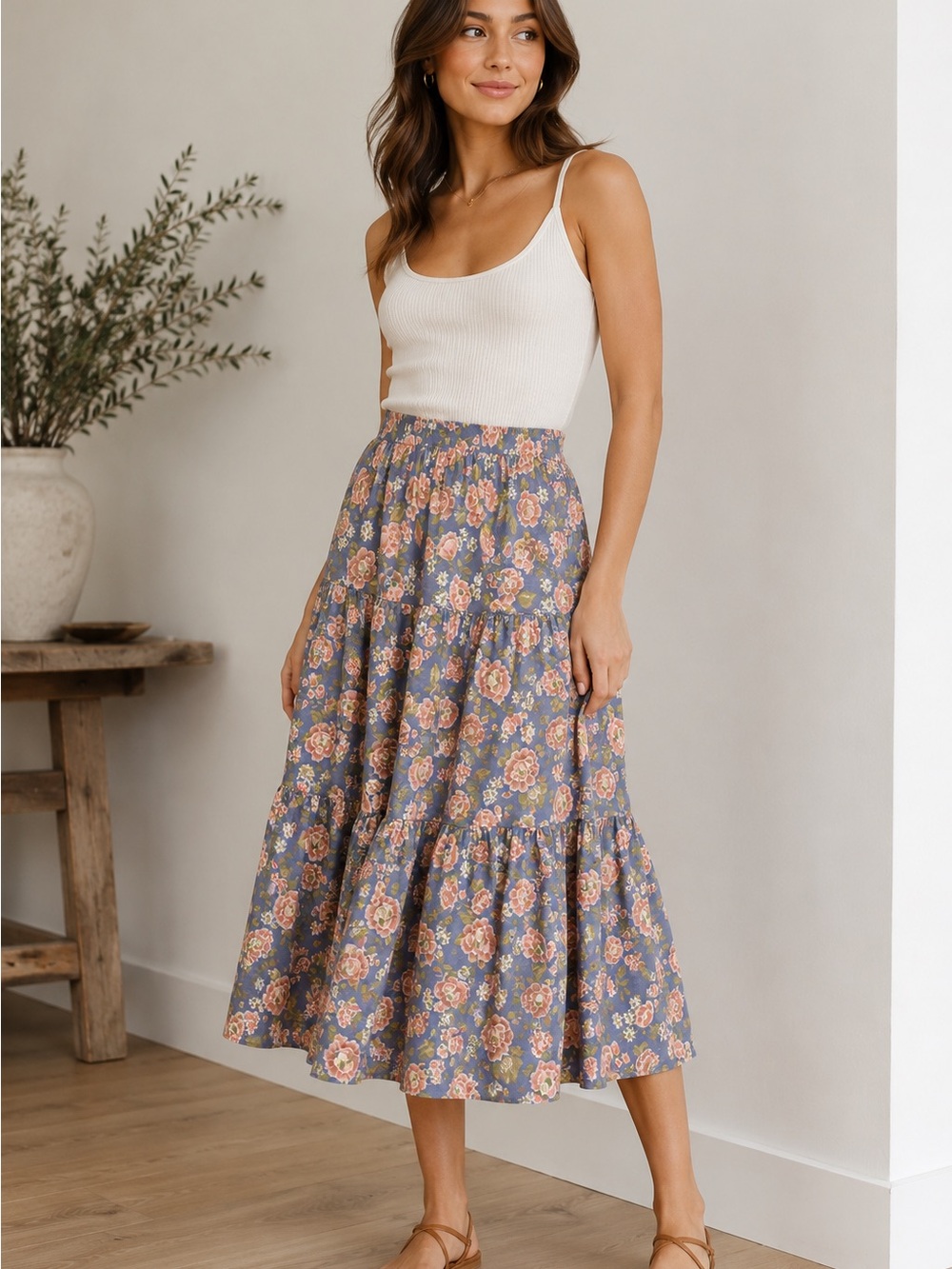 Vintage handmade Floral Tiered Midi Skirt in Dusty Blue and Pink